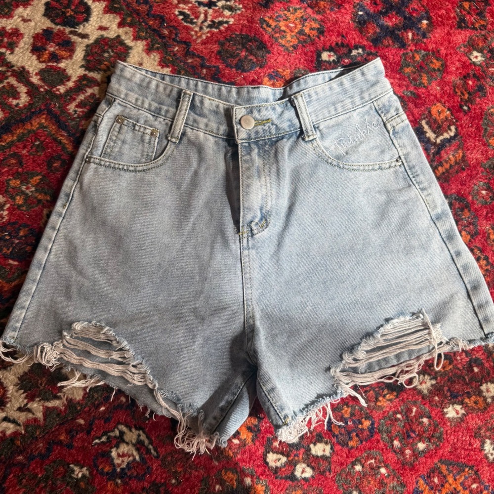 Twinkle Denim Shorts Womens M Light Blue Distressed Art Face Graphic High Rise